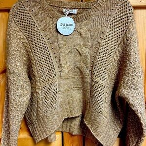 Sustainable clothing, cable knit cropped sweater top, sandy brown, Large